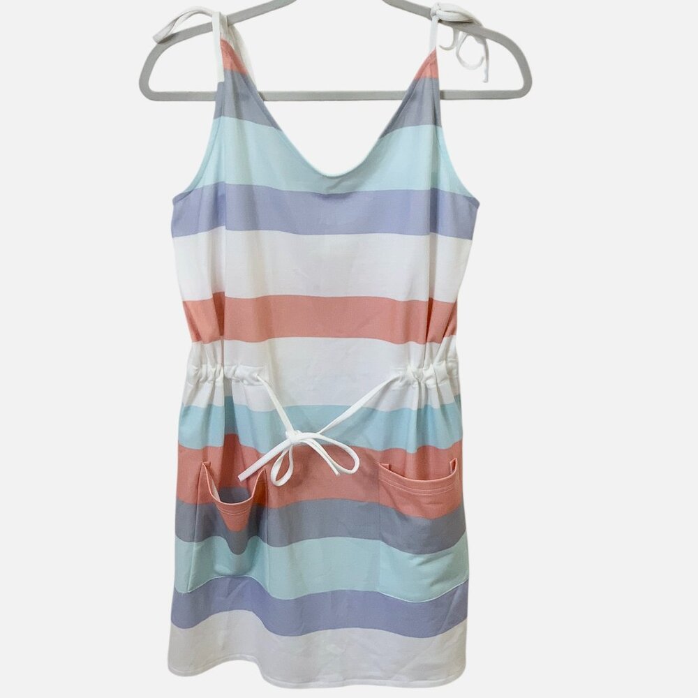 Belinda V-Neck Pastel Striped Tank Top Mini Sundress String Tie Cover Up- M- NWT